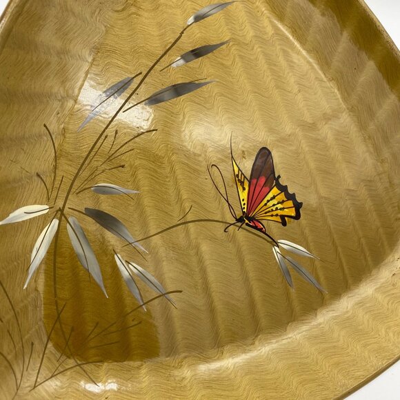 Vintage Japanese Lacquerware Gold Triangle Tray With Bamboo & Butterfly Design - Picture 4 of 14